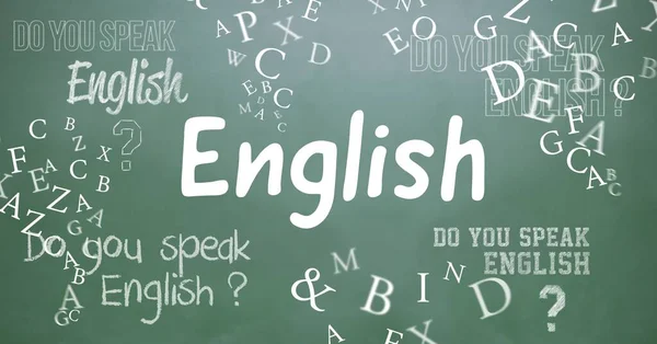 English text and floating letters on blackboard