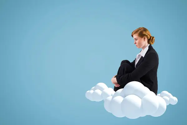 Business Woman Sitting Cloud Blue Background — Stock Photo, Image