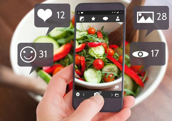 App Bubble icons and holding phone texting food photo