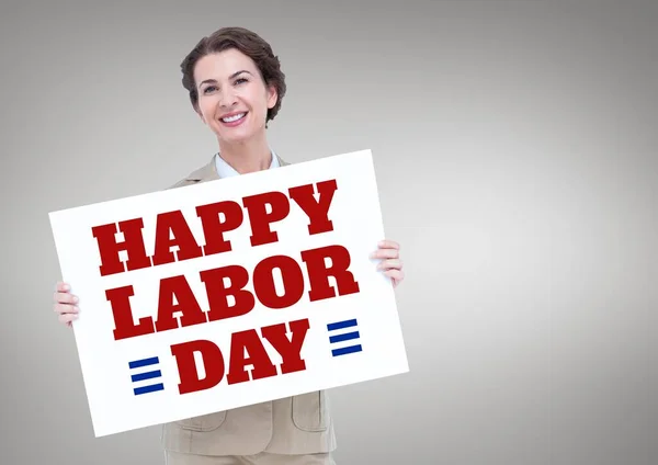 Business Woman Holding Labor Day Card Grey Background — Stock Photo, Image