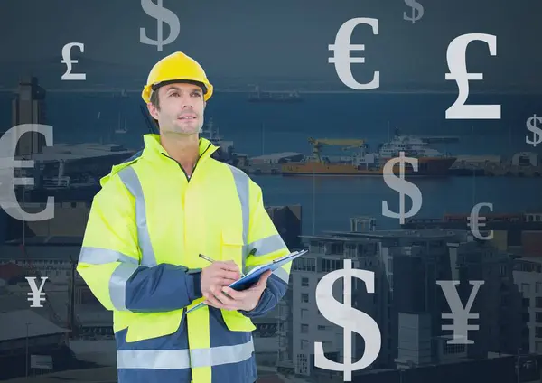 Docker worker in front of Dock port with Mixed Currency icons