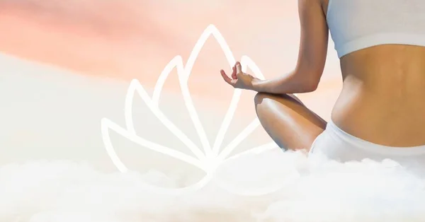 Woman sitting on a cloud against yoga icon