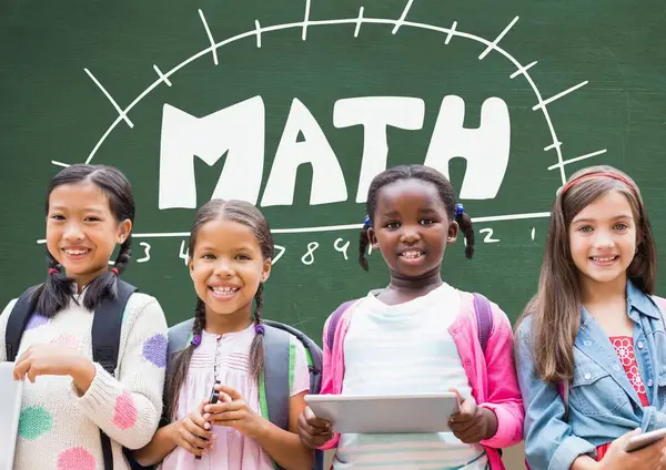 Math text on blackboard with school kids