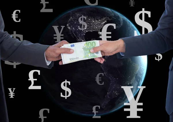 Money exchanging hands of businessmen and Planet earth with Mixed Currency icons