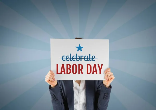 Business Woman Holding Labor Day Card Blue Background — Stock Photo, Image