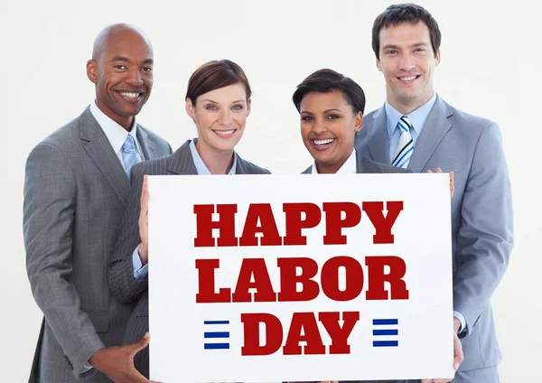 Business people holding a Labor Day card