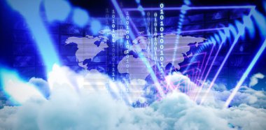 Dijital ikili ekran ve dünya haritasının birleşik görüntüsü