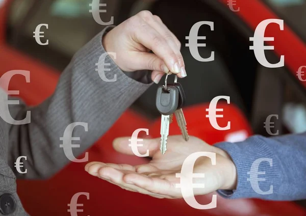 Holding keys with car with Euro currency icons