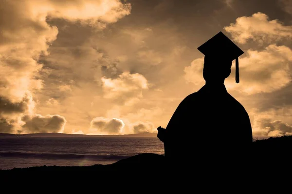 Graduate Student Holding His Diploma Sunset Sunrise — Stock Photo, Image