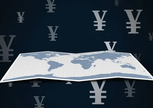 Wereld Kaart Met Yen Valuta Pictogrammen — Stockfoto
