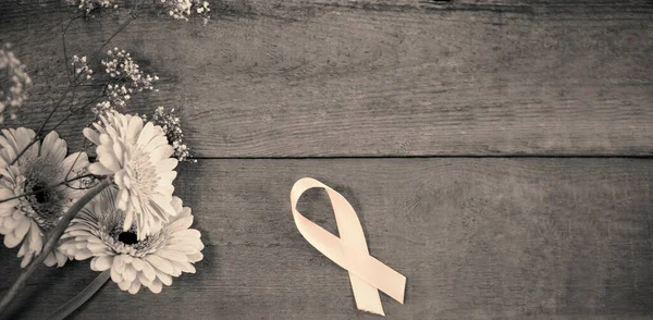 ベラの花によるピンクの乳癌の意識のリボンの直接の眺め — ストック写真