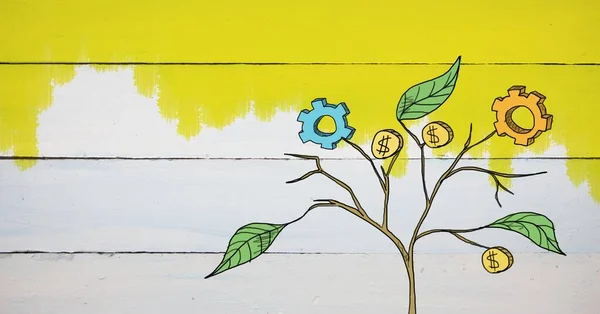 Dessin Graphiques Entreprise Sur Les Branches Plantes Sur Mur — Photo