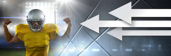 スタジアム遷移と矢印を持つアメリカのサッカー選手 — ストック写真