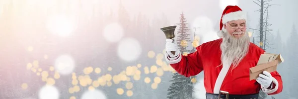 Santa Med Vinter Landskap Hålla Klocka — Stockfoto