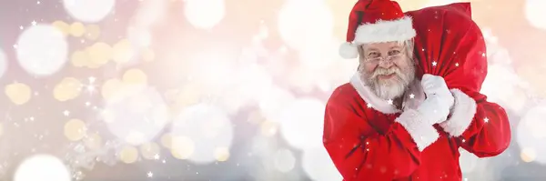 Papai Noel Com Saco Natal Contra Luzes Borradas Fundo — Fotografia de Stock