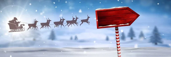 Drewniany Drogowskaz Boże Narodzenie Zimowy Krajobraz Sanie Santa Renifery — Zdjęcie stockowe
