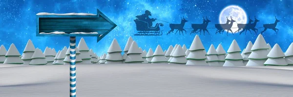 クリスマスの冬の風景とサンタの眠りとトナカイの木製の看板 — ストック写真
