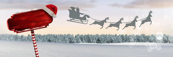 Segnavia Legno Natale Paesaggio Invernale Babbo Natale Slitta Renne — Foto Stock