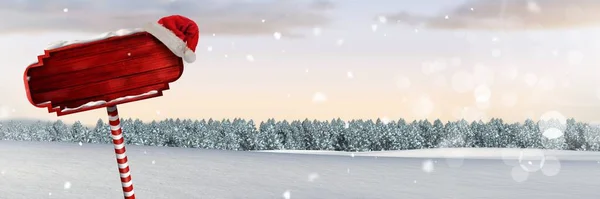 Holzwegweiser Weihnachtlicher Winterlandschaft Und Nikolausmütze — Stockfoto