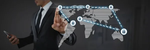 Empresário Tocando Ícones Bloqueio Segurança Conectando Mapa — Fotografia de Stock
