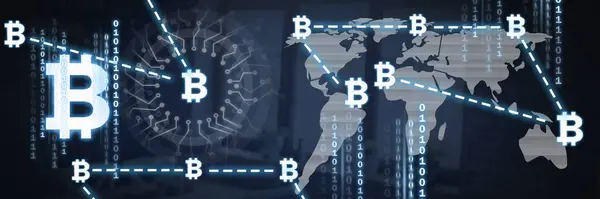 Bitcoin Εικονίδια Σύνδεση Στο Δίκτυο Μέσω Χάρτη Τεχνολογία Στον Κόσμο — Φωτογραφία Αρχείου