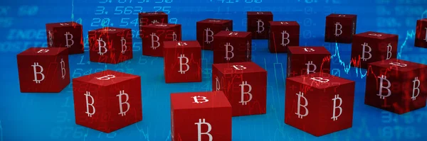 Композиция Нескольких Красных Кубов Надписью Bitcoin Каждой Стороне — стоковое фото
