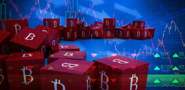 Sammansatt Bild Flera Röda Kub Med Bitcoin Tecken Varje Sida — Stockfoto
