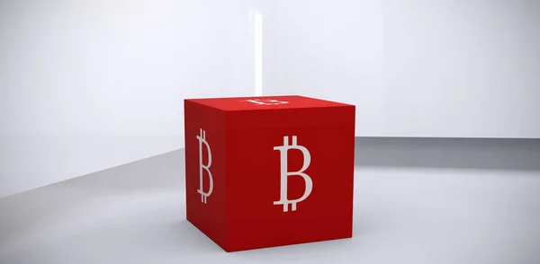 Imagem Composta Grande Cubo Vermelho Com Logotipo Bitcoin Cada Lado — Fotografia de Stock