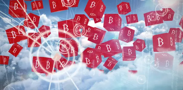 Σύνθετη Εικόνα Αρκετών Κόκκινων Κύβων Σήμα Bitcoin Κάθε Πλευρά — Φωτογραφία Αρχείου