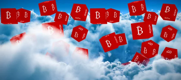 Композитне Зображення Великого Червоного Кубика Логотипом Bitcoin Кожного Боку — стокове фото
