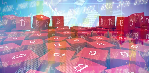 Imagem Composta Vários Cubos Vermelhos Com Sinal Bitcoin Cada Lado — Fotografia de Stock