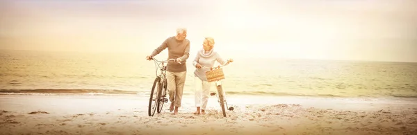 幸福的高级夫妇 他们的自行车 — 图库照片