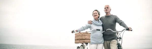 Lyckliga Äldre Par Med Deras Cykel — Stockfoto