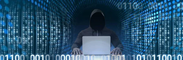 Hacker Anônimo Com Interface Binária Código Computador — Fotografia de Stock