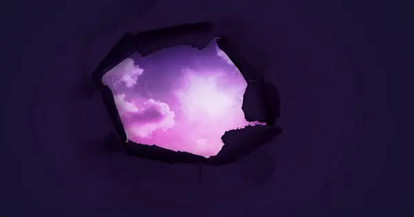 stock image Surreal paper hole to purple sky