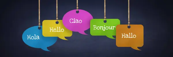 Different Languages Text Hanging Paper Speech Bubbles — Stock Photo, Image