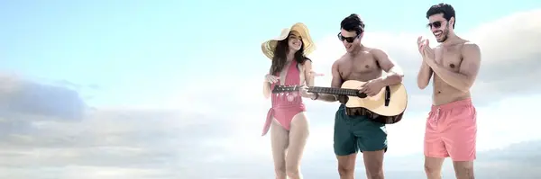 Friends Playing Guitar Having Fun Swim Wear Holiday — Stock Photo, Image