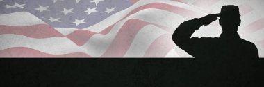 Amerikan bayrağıyla siyah duvar tasarımına karşı birleşik Amerikan askeri görüntüsü.  