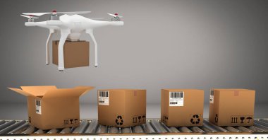 İHA teslimat kutusuyla birlikte taşıma bandıyla uçuyor