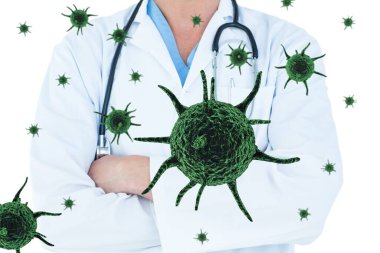 Kolları çapraz olan doktor ve virüs.