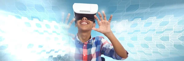 Boy Wearing Virtual Reality Headset Geometric Transitions — Stock Photo, Image