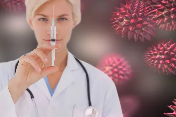 ウイルスの背景を持つ注射器を持っている女性の医師 — ストック写真