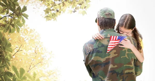 Autumn Soldier Holding Child Usa Flag — Stock Photo, Image