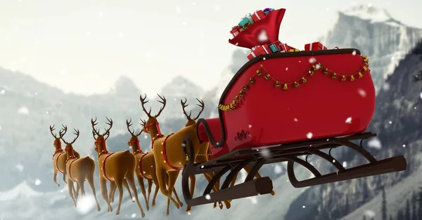 Noel Baba Kar Üzerinde Ren Geyikleriyle Kızakla Uçuyor — Stok fotoğraf