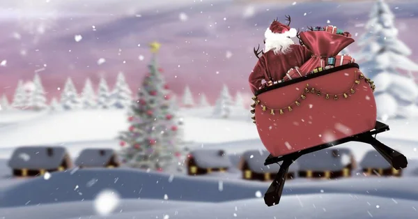 Santa Flying Sleigh Winter Village — Stock Photo, Image