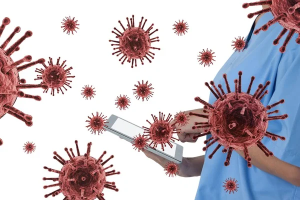 Rote Viren Und Arzt Mit Tablette — Stockfoto