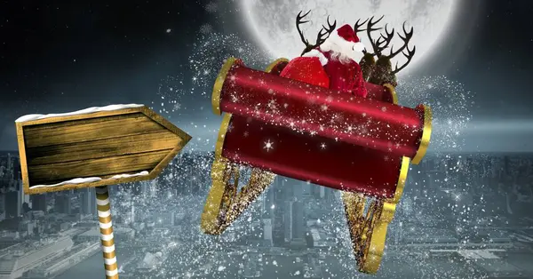 Weihnachtsmann Schlitten Mit Rentierfliege Und Pfeilschild — Stockfoto