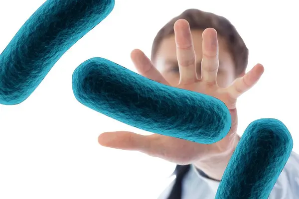 Zusammengesetztes Bild Der Hand Die Mitochondrien Berührt — Stockfoto