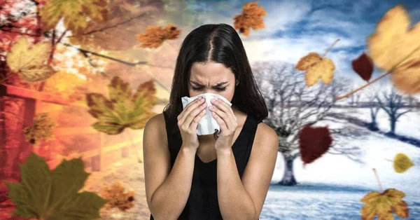 Autumn leaves and sick woman with flu