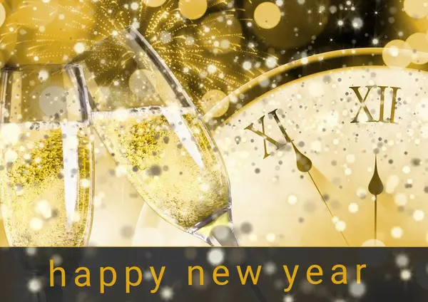 Happy New Year Sparkling wine and Clock in the background colored in golden and black
